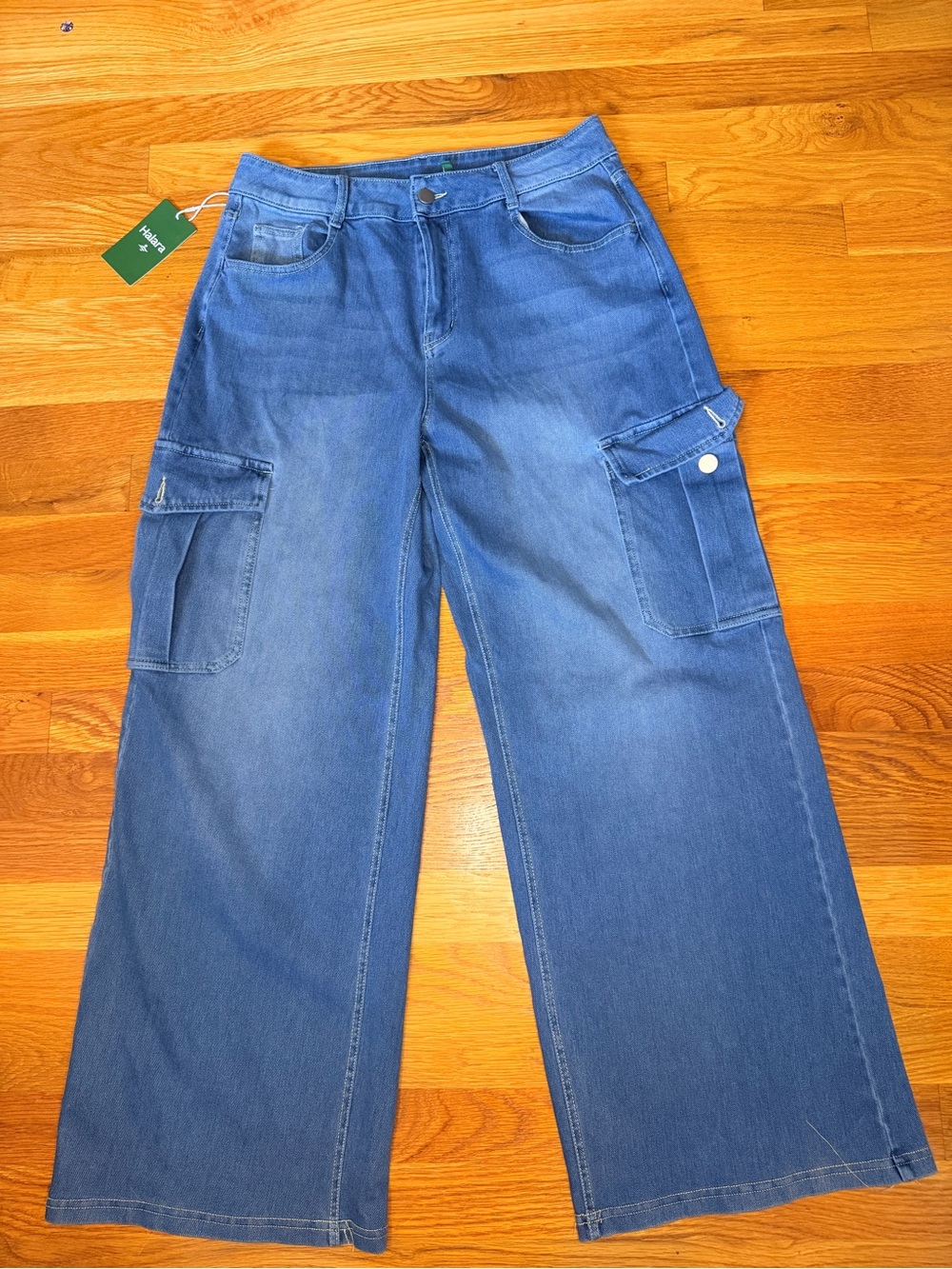 NWT Halara Cargo Jeans Womens Medium High Rise Wide Leg Stretch Denim Blue
